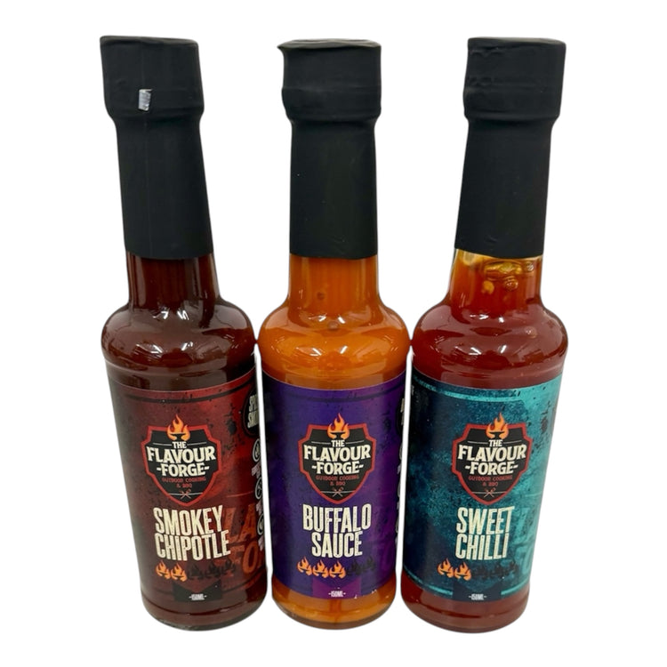 The Flavour Forge Smokey Chipotle, Buffalo and Sweet Chilli sauces